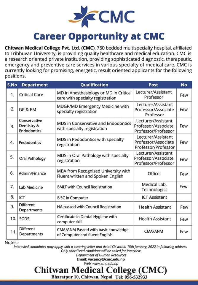 Apply for Medical jobs at chitwan medical college
