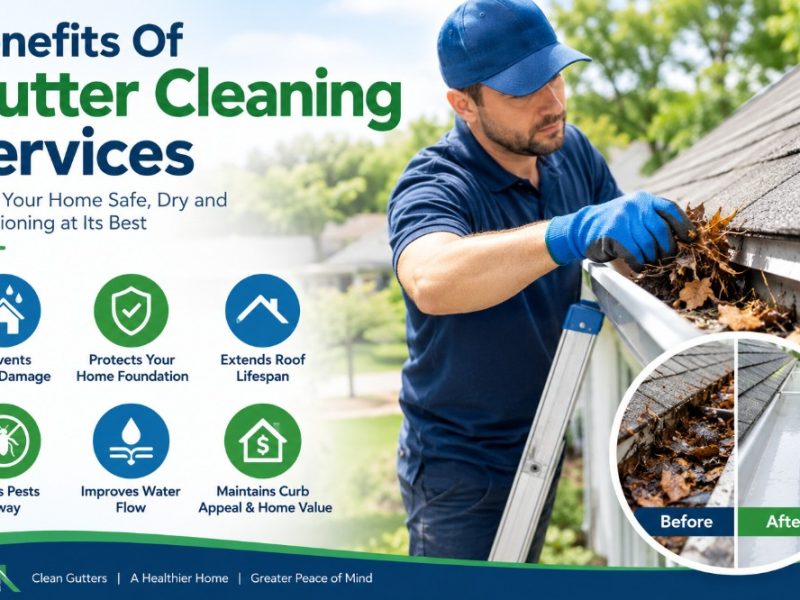Professional technician cleaning roof gutters to prevent water damage and protect a residential home.