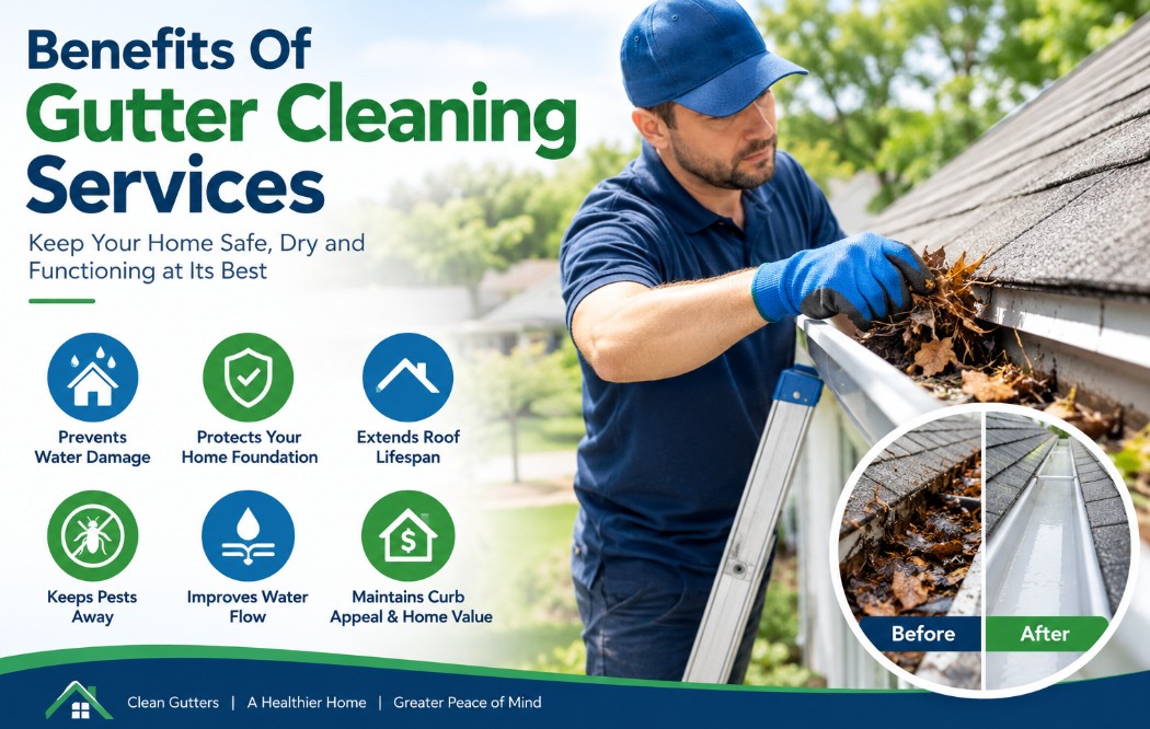 Professional technician cleaning roof gutters to prevent water damage and protect a residential home.