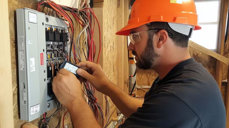 A licensed commercial electrician installing new energy-efficient LED lighting in a modern office renovation project.