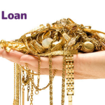 A visual representation of a gold loan calculation, showing gold ornaments on a digital scale with a calculator and current per gram rate displayed.