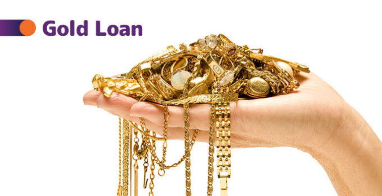 A visual representation of a gold loan calculation, showing gold ornaments on a digital scale with a calculator and current per gram rate displayed.