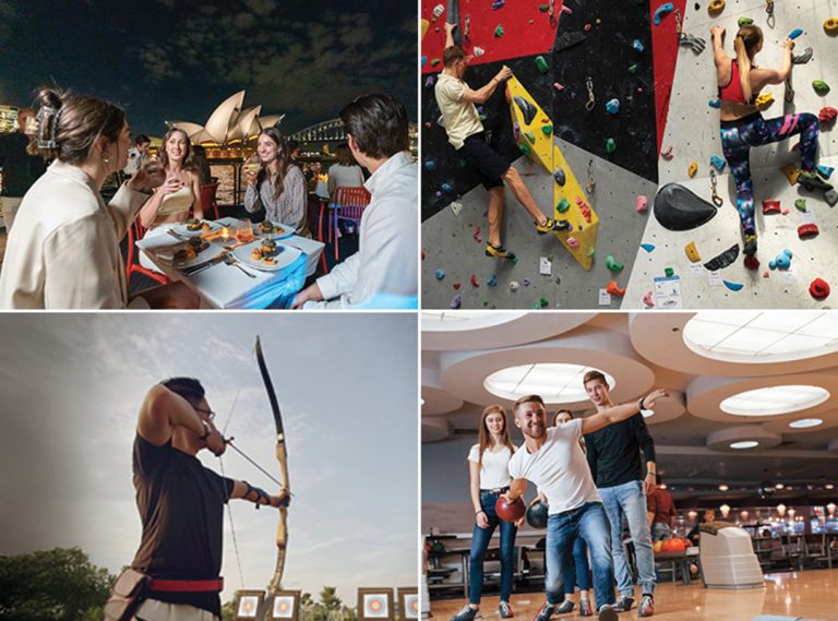 Collage of a dinner cruise, archery, indoor rock climbing and bowling