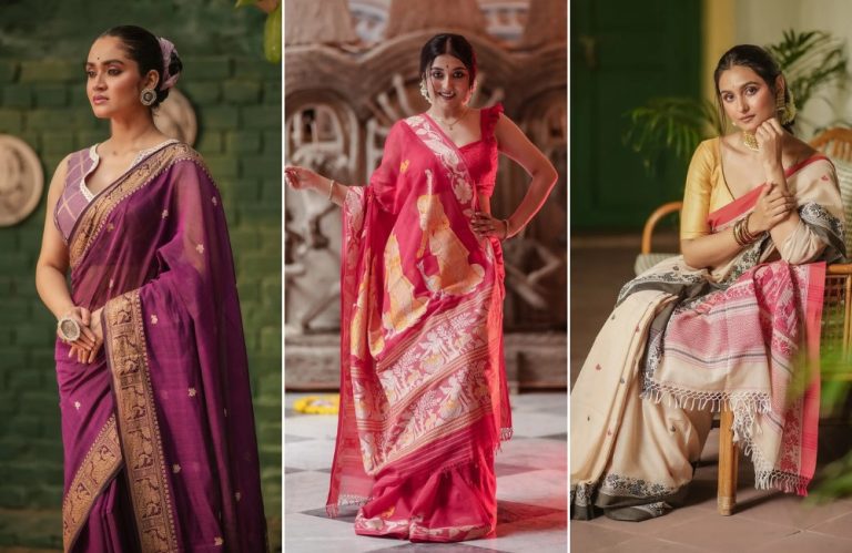 elegant baluchari cotton saree winter wedding outfit style