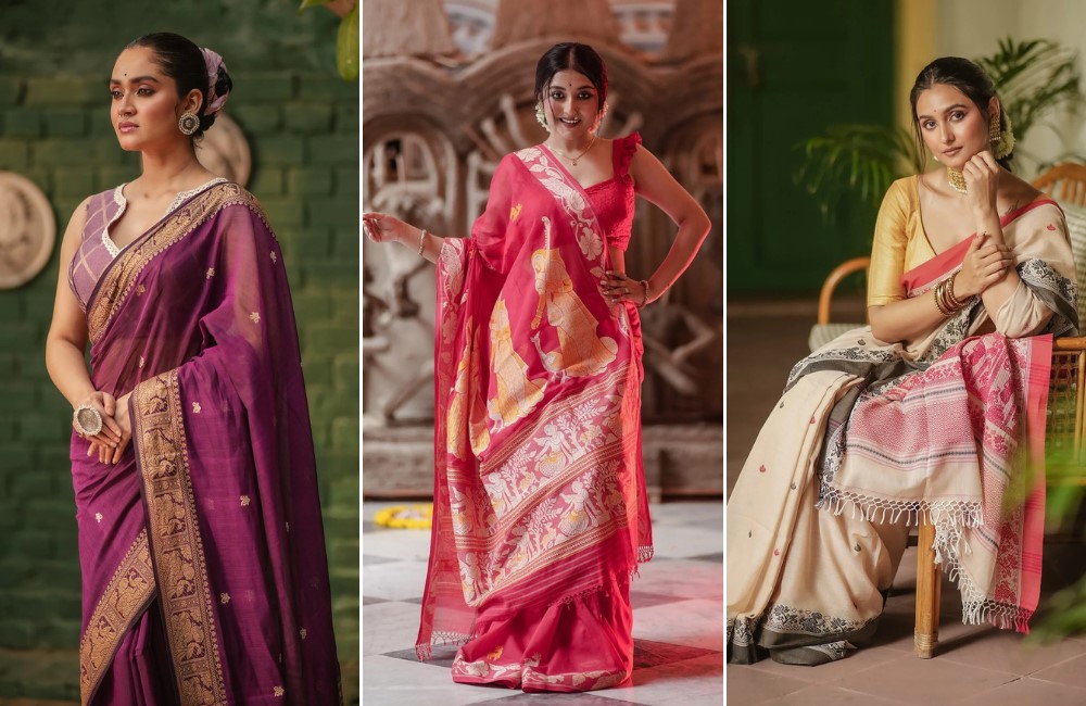 elegant baluchari cotton saree winter wedding outfit style